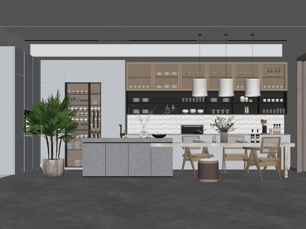 Modern Single Wall Kitchen With Island sketchup model preview - SketchupBox