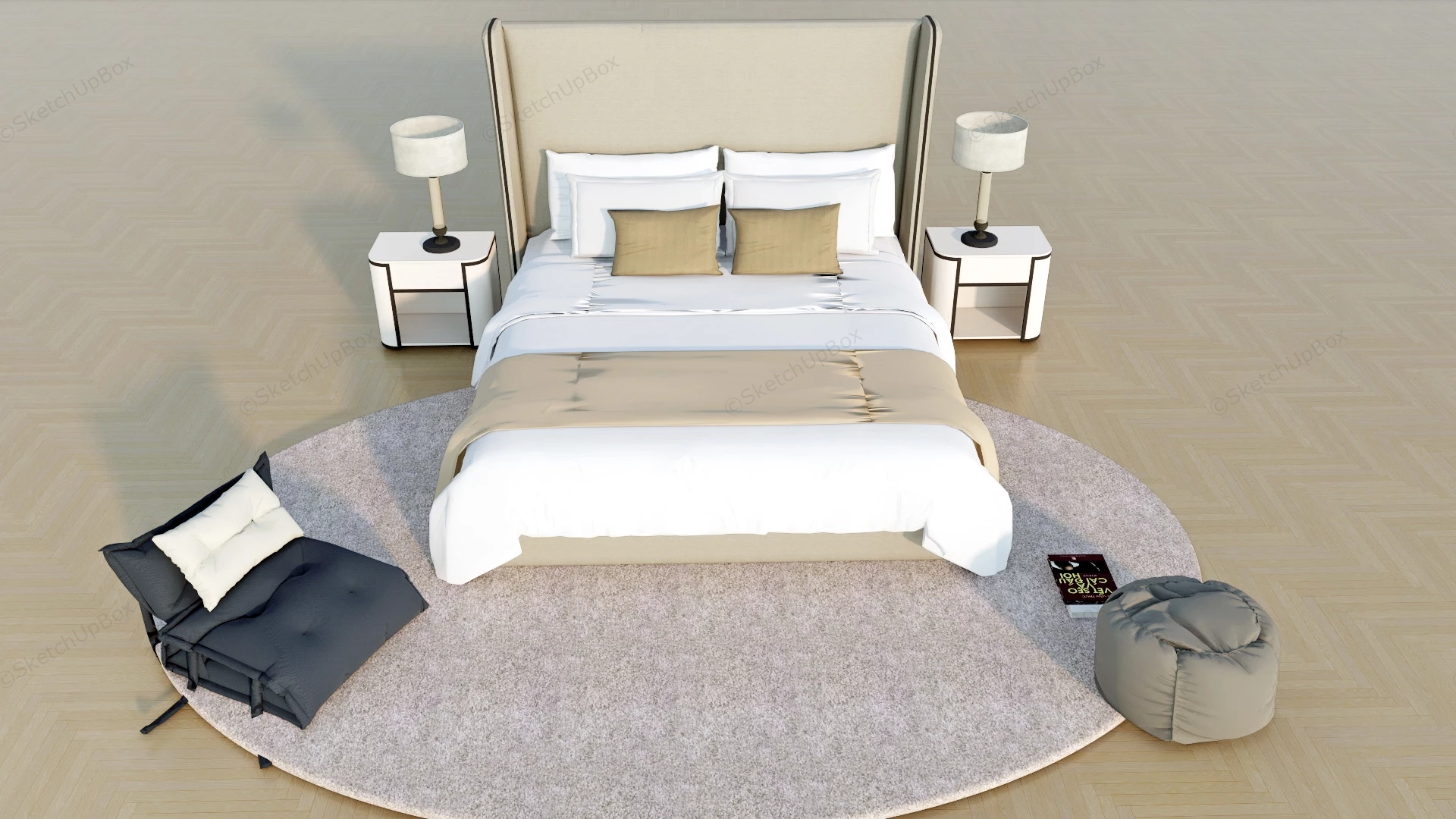 Modern Bed With Nightstand Set sketchup model preview - SketchupBox